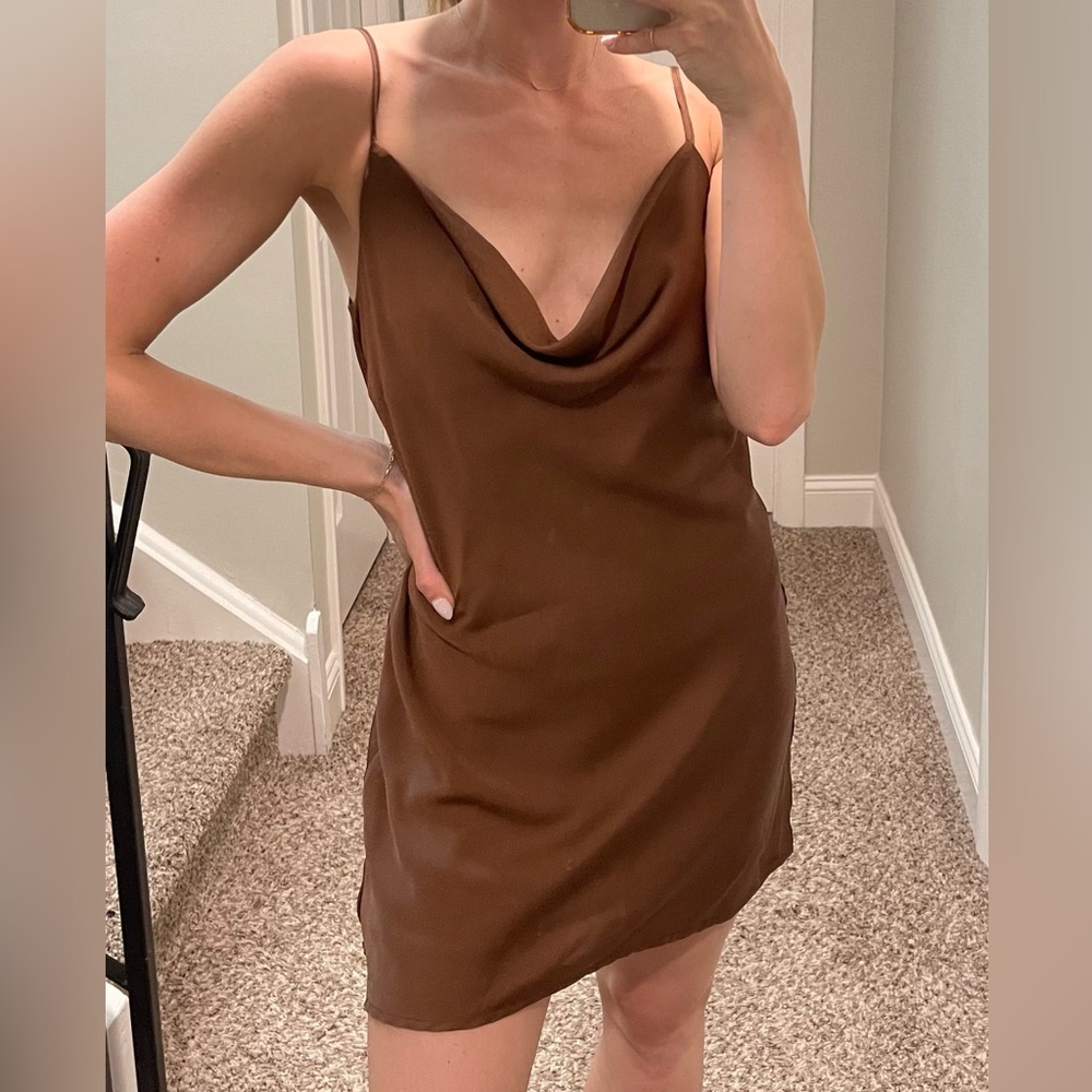 Brown Cowlneck Mini Dress